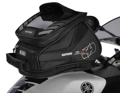 Black Oxford M4R tank/rear bag featuring a clear top pocket, mesh ventilation, and a sturdy zipper, designed for motorcycle use.