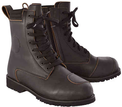 Brown leather motorcycle boots with a lace-up front, padded collar, and reinforced toe, featuring contrasting stitching and a rugged sole, size 38 (UK 5).