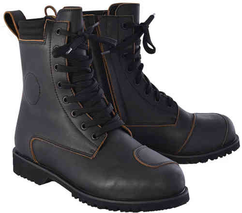 Black leather motorcycle boots featuring a lace-up design, contrasting orange stitching, a round logo patch, and a sturdy rubber sole, size 39 (UK 6).
