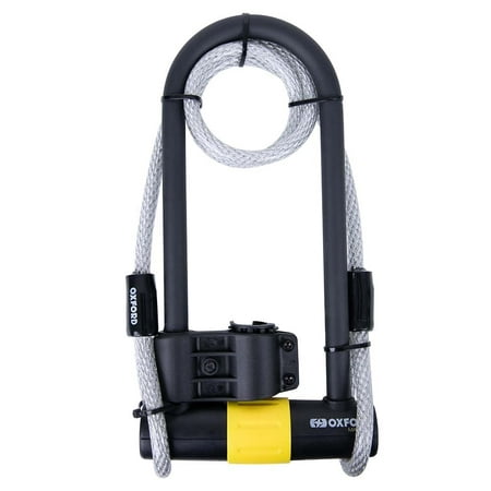 Black U-lock with a yellow base, featuring a flexible grey cable and a mounting bracket, designed for secure bike locking.