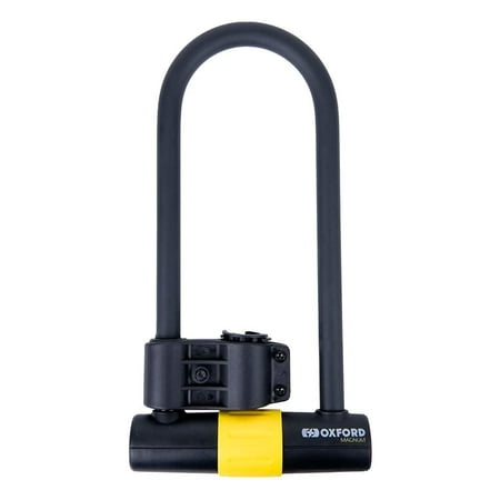 Black and yellow OXFORD LK224 motorcycle disc lock featuring a sturdy U-shaped design and a robust locking mechanism for enhanced security.