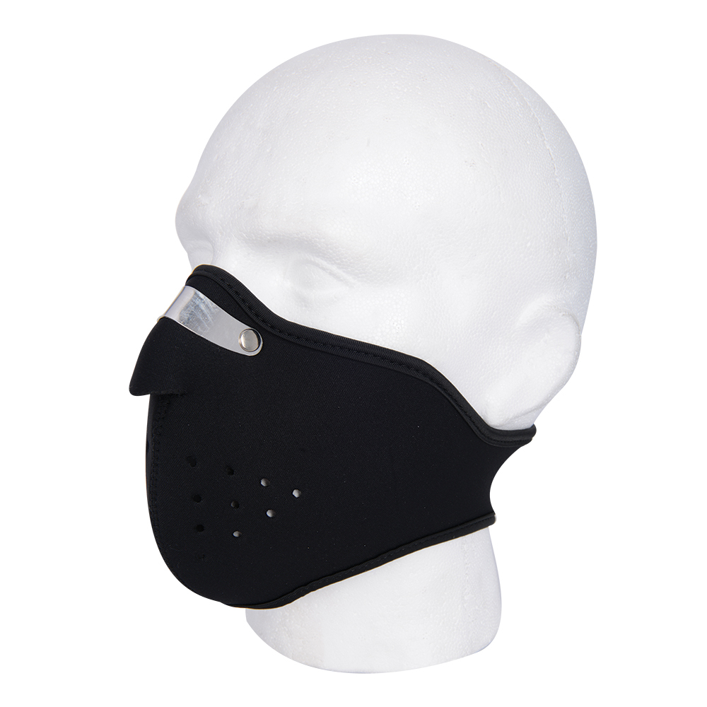 Black Oxford face mask made of soft material, featuring a clear plastic panel, adjustable ear loops, and small ventilation holes for breathability.