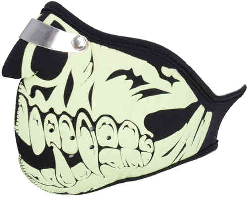 Glow-in-the-dark face mask featuring a skull design in green and black, made of fabric with a silver nose clip for secure fit.