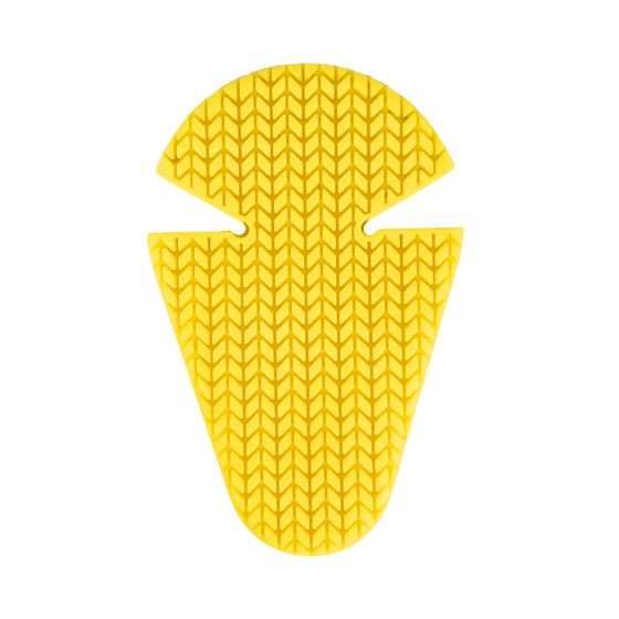 Yellow elbow and knee protector insert with a textured tread pattern, designed for comfort and protection, featuring a flexible shape and one-size fit.