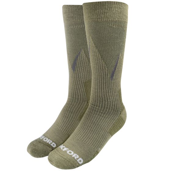 Khaki Merino wool motorcycle socks featuring ribbed texture, reinforced toe and heel, and "OXFORD" logo at the cuff, designed for comfort and durability.