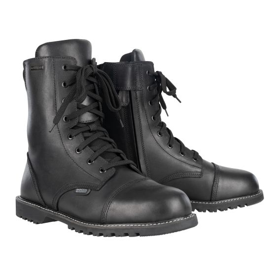 Black leather motorcycle boots with a sturdy design, featuring laces, a side zipper, and a rugged sole, size 40 (UK 6.5).