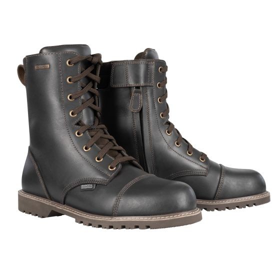 Dark brown leather motorcycle boots with lace-up front, side zipper, padded collar, and rugged sole, size 42 (UK 8), designed for durability and style.