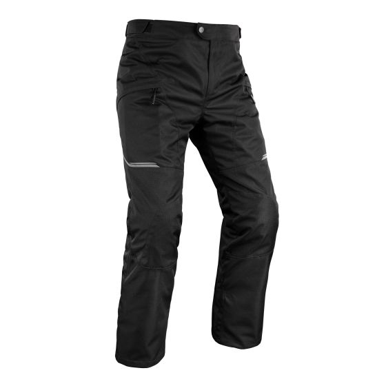 Black waterproof textile pants by Oxford, featuring a sleek design, multiple pockets, and reflective detailing, available in short size 5XL.