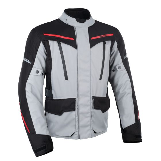Light grey textile jacket with black and red accents, featuring a waterproof design, multiple zippered pockets, and a high collar, size 3XL by Oxford.