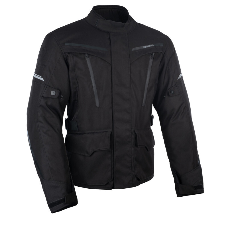 Black waterproof textile jacket by Oxford, featuring a high collar, multiple zippered pockets, reflective strips, and adjustable cuffs, available in size 5XL.