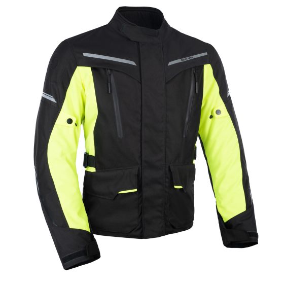 Black and neon-yellow waterproof textile jacket featuring reflective strips, zippered pockets, and adjustable cuffs, designed for optimal visibility and comfort in size M.