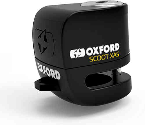 Black Oxford Micro XA5 brake disk lock with alarm, featuring a compact design, prominent Oxford logo, and a key slot for added security.