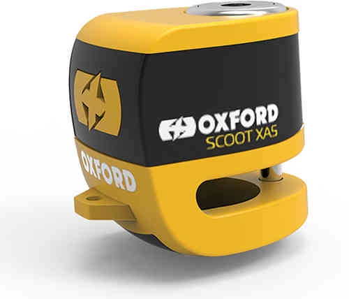 Yellow and black disc lock with alarm features the Oxford logo, a compact design, and a key slot on top, ideal for securing motorcycles and scooters.