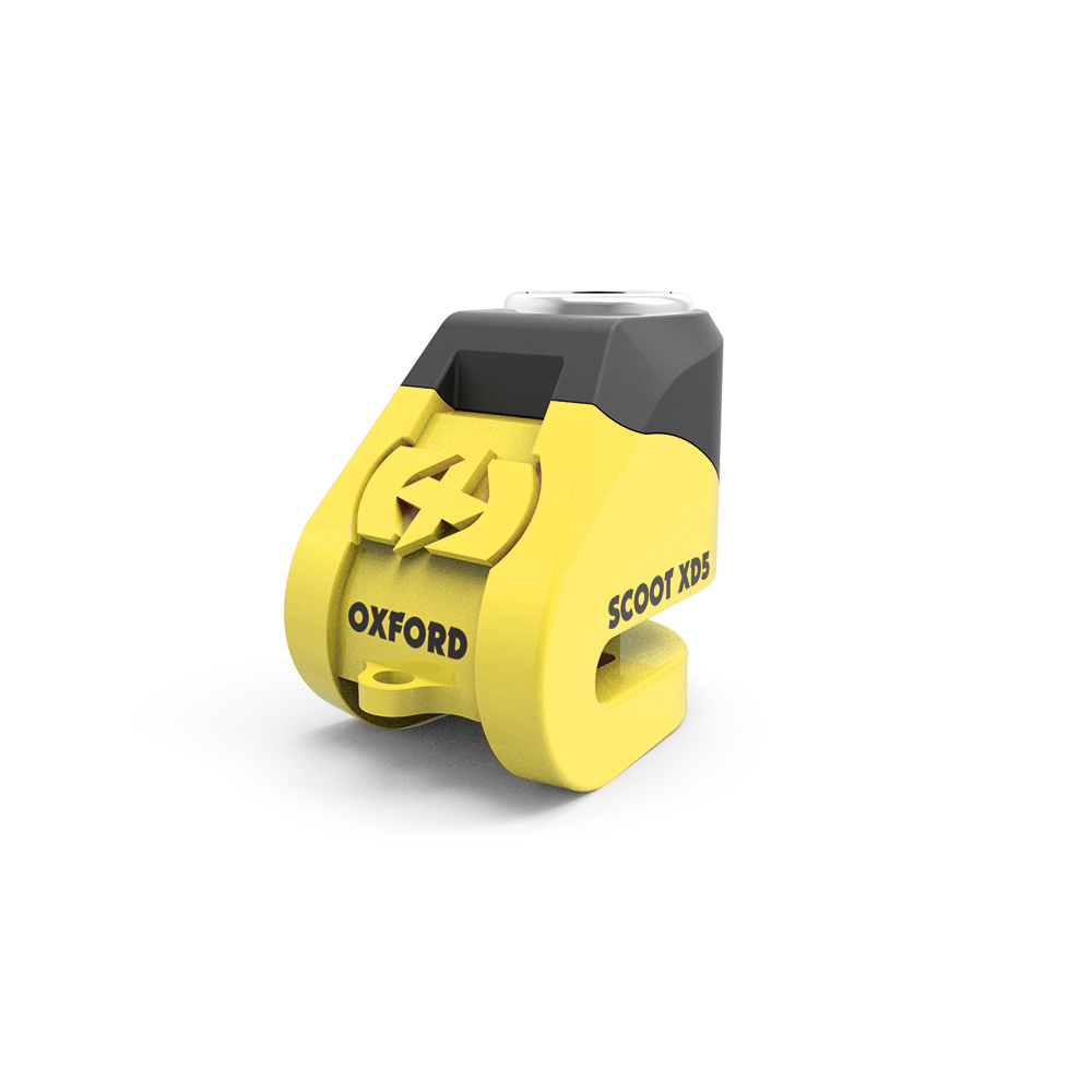 Bright yellow and black brake disk lock with a sturdy design, featuring the "OXFORD" logo and a keyhole for added security.