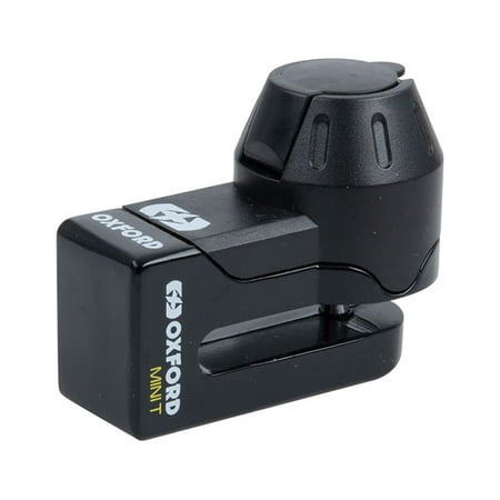 Compact black brake disk lock with a cylindrical keyhole, featuring the Oxford logo and "MINI T" label, designed for motorcycle security.