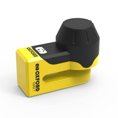 Yellow and black OXFORD LK291 motorcycle wheel clamp lock with a rounded top, designed for secure locking, featuring a robust construction for enhanced security.