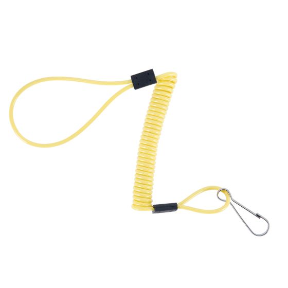 Bright yellow coiled cable with two loops at each end and a metal clip, designed to remind users of disc locks, made from durable plastic material.
