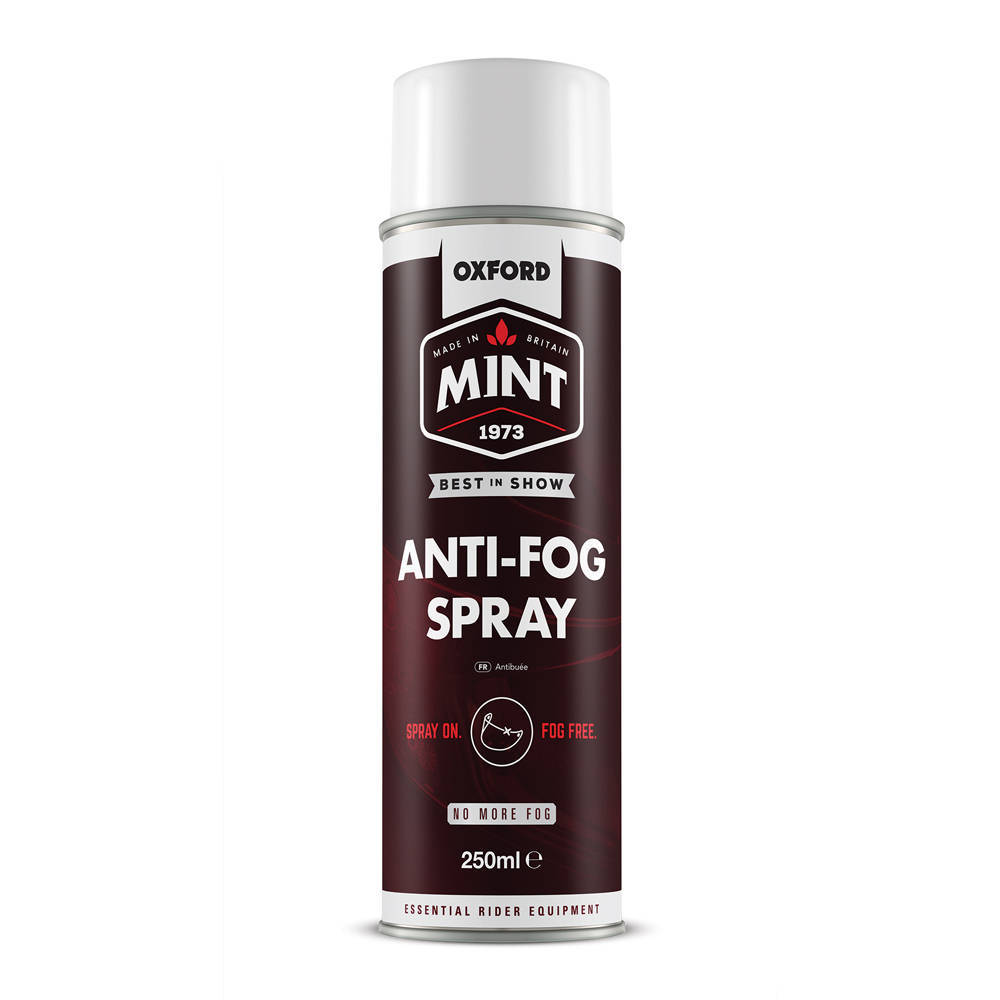 Oxford Mint Anti-Fog Spray in a 250 ml metal can, featuring a dark red and black design with white text, highlighting "ANTI-FOG" and "FOG FREE" benefits.