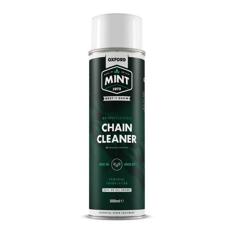 Green and white spray can labeled "Oxford Mint Chain Cleaner," 500 ml, featuring a sleek design with bold text and a motorcycle graphic, emphasizing its powerful cleaning formula.