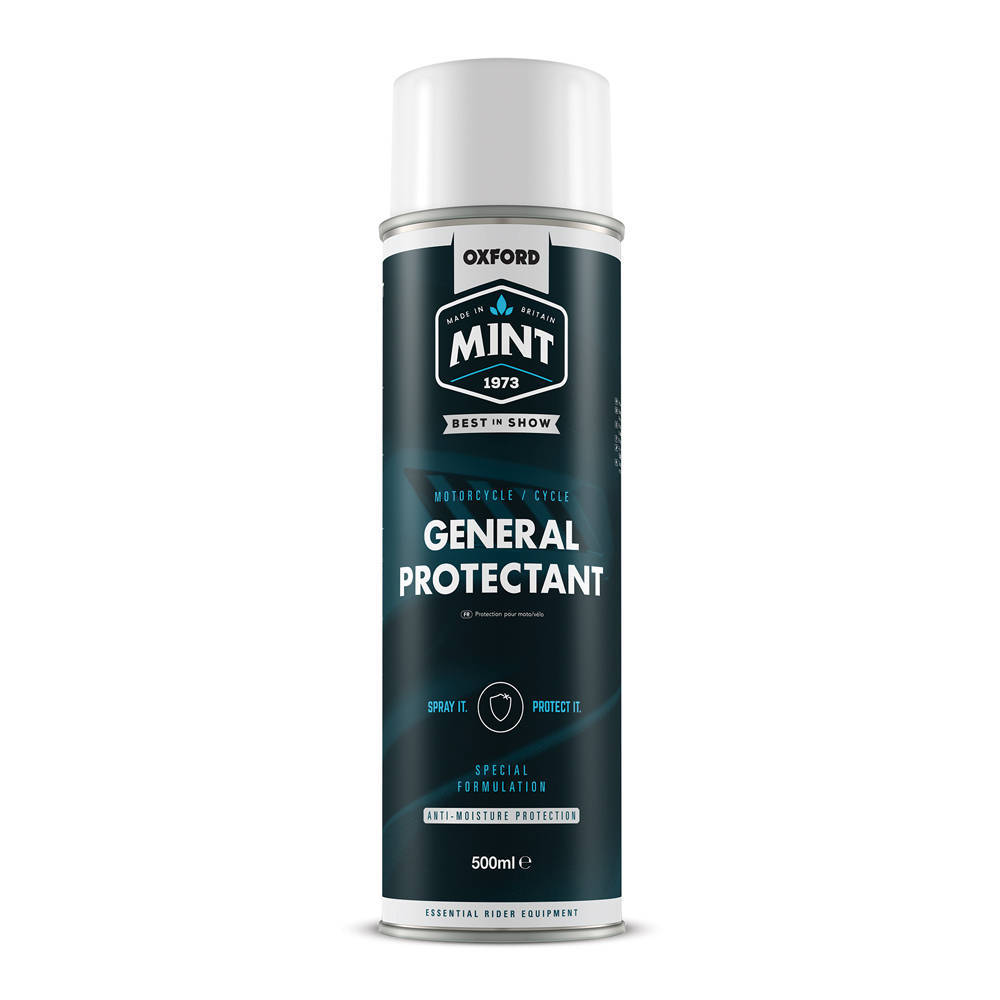 Oxford Mint General Protectant spray can, 500 ml, features a dark teal and silver design with the brand name prominently displayed and key details highlighted in white text.