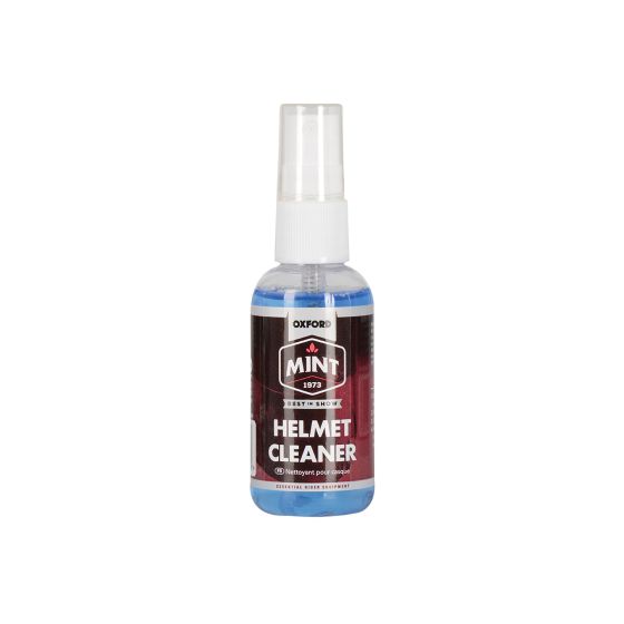 Clear plastic spray bottle containing 50 ml of Oxford Mint Helmet Cleaner, featuring a black and red label with white text and a spray nozzle on top.