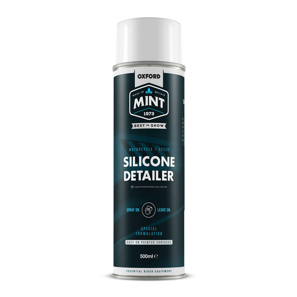 Oxford Mint Silicone Detailer spray bottle in a sleek black and teal design, featuring a 500 ml capacity and labeled for motorcycle and cycle use, with a "Best Show" emblem.