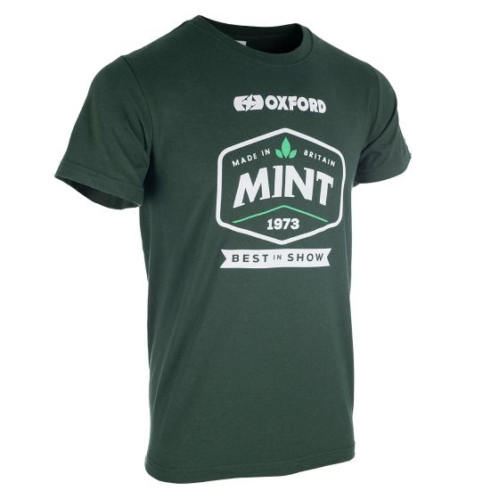 Green cotton t-shirt featuring a large white and mint graphic with "MINT" and "BEST IN SHOW" text, along with the Oxford logo, in a classic crew neck style.