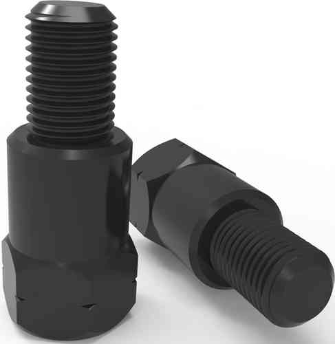 Black metal motorcycle mirror adaptors, featuring M10 threads in both standard and reverse configurations, with a hexagonal base for easy installation.