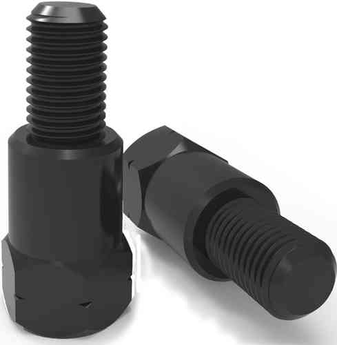 Black metal motorcycle mirror adaptors, featuring M10 to M8 reverse threads, with a hexagonal base for easy installation and a sturdy design for durability.