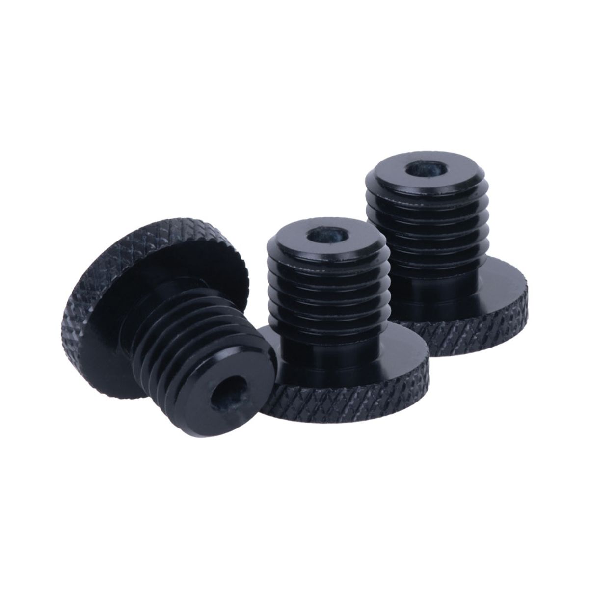 Three black metal screws with knurled heads, designed for secure fastening, showcasing a smooth finish and threaded design for easy installation.