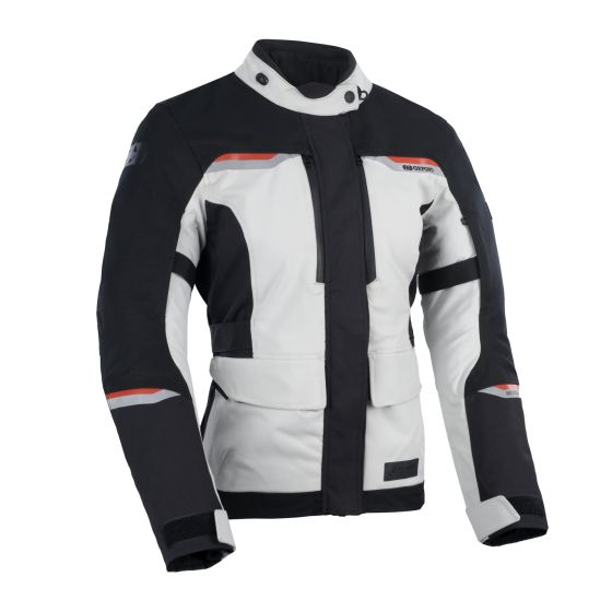 Waterproof women's textile jacket in white and black, featuring a high collar, adjustable straps, and reflective accents, size 40 by Oxford Mondial 2.0.