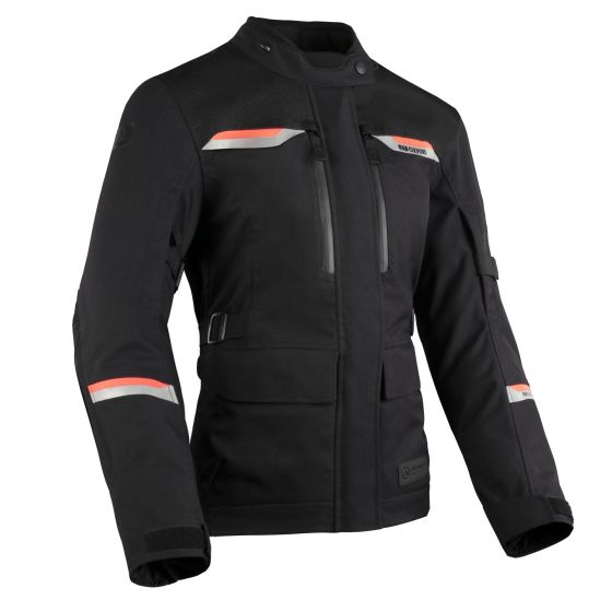 Black and coral Oxford Mondial 2.0 ladies motorcycle jacket features reflective stripes, multiple zippered pockets, adjustable waist, and durable material for protection.