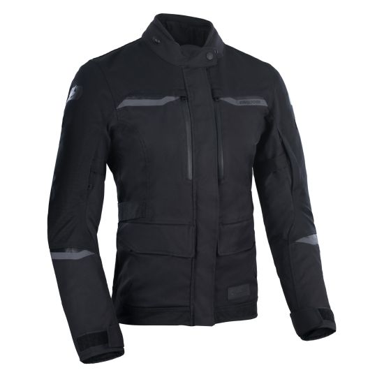 Black waterproof textile jacket for women, featuring a high collar, multiple front pockets, reflective stripes, and a size 46 label by Oxford Mondial 2.0.