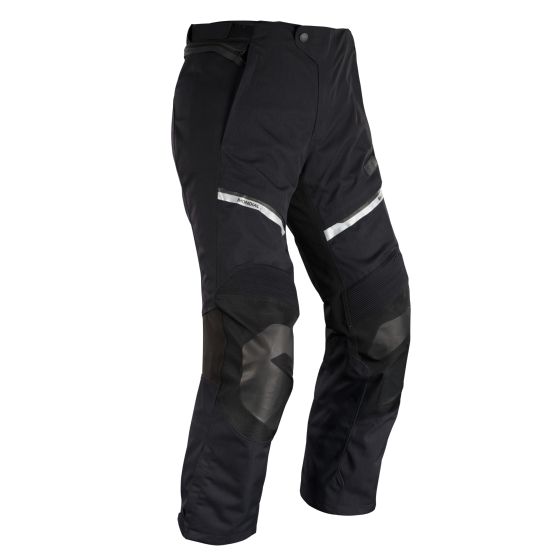 Black waterproof textile pants by Oxford, featuring reflective strips, reinforced knee panels, and a short XL size for enhanced comfort and protection.