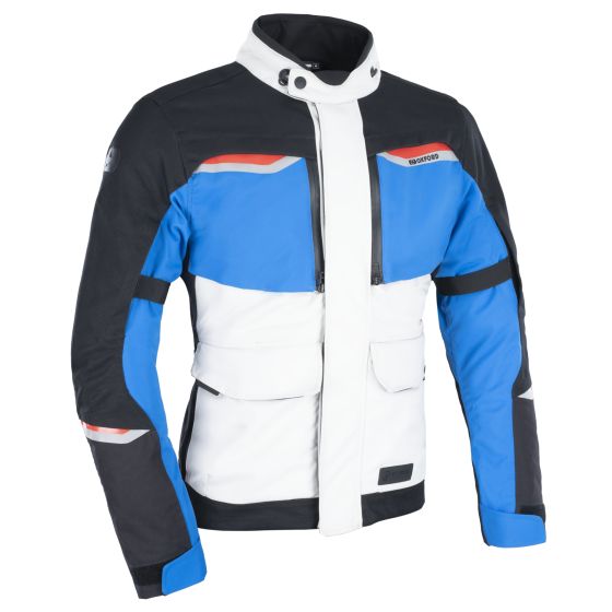 Oxford Mondial 2.0 Dry2Dry motorcycle jacket in 5XL, featuring a grey, blue, and red color scheme, made from durable material with multiple pockets and adjustable cuffs.