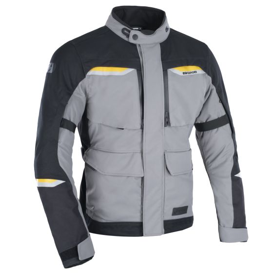 Light grey and black waterproof textile jacket by Oxford, featuring a high collar, multiple pockets, and reflective yellow accents, in size M.