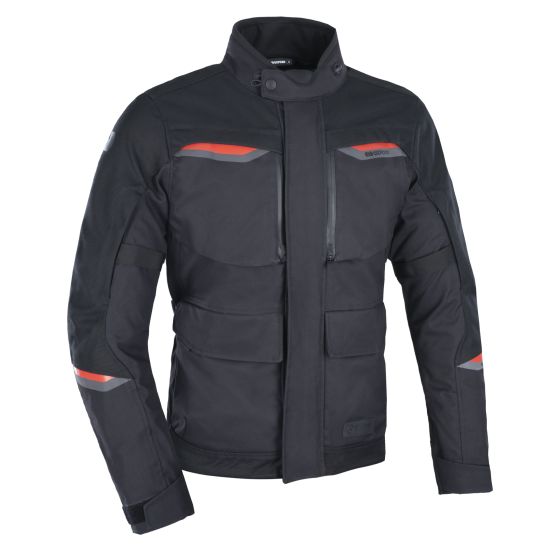 Black waterproof textile jacket by Oxford, featuring a high collar, multiple front pockets, and red accents on the shoulders and chest, size M.