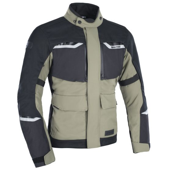 Olive and black waterproof textile jacket by Oxford, featuring a high collar, multiple pockets, reflective strips, and a sleek design, size S.
