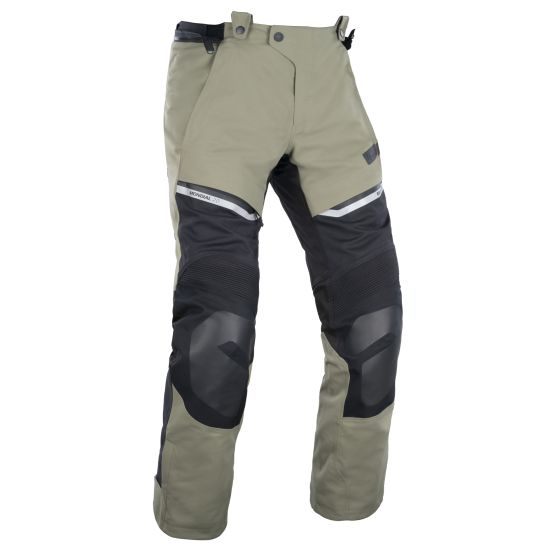 Waterproof textile pants in olive and black, featuring reinforced knee panels, adjustable waist, and ventilation openings, designed for durability and comfort, size 4XL.