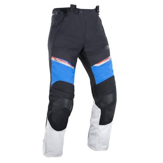 Oxford Mondial 2.0 Dry2Dry motorcycle trousers in grey, blue, and red, featuring reinforced knee panels, ventilation zippers, and a durable, waterproof material, size XL.