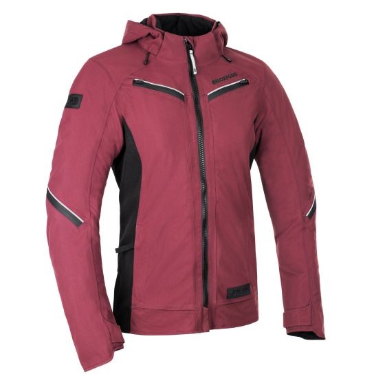 Plum-colored Oxford Mondial Street Dry2Dry ladies motorcycle jacket features a hood, zippered front, and reflective accents for visibility.