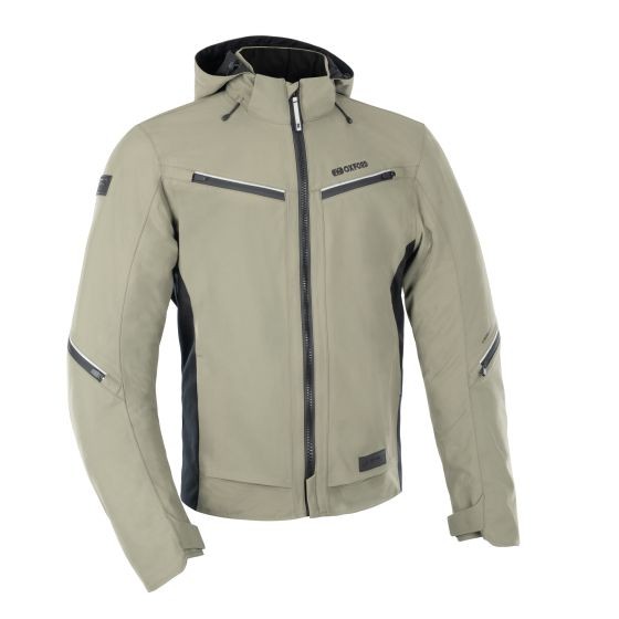 Khaki Oxford Mondial Street Dry2Dry Motorcycle Jacket in XXL, featuring a waterproof design, adjustable hood, reflective stripes, and multiple zippered pockets.