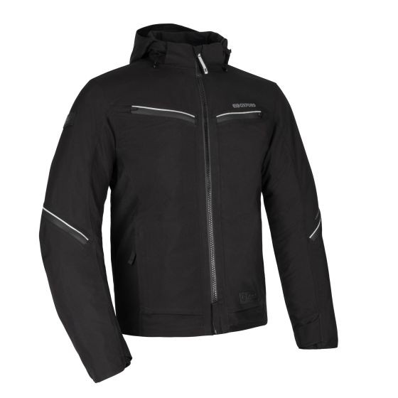 Black Oxford Mondial Street Dry2Dry Motorcycle Jacket in size 3XL, featuring a zip front, reflective detailing, and a hood for added protection and style.