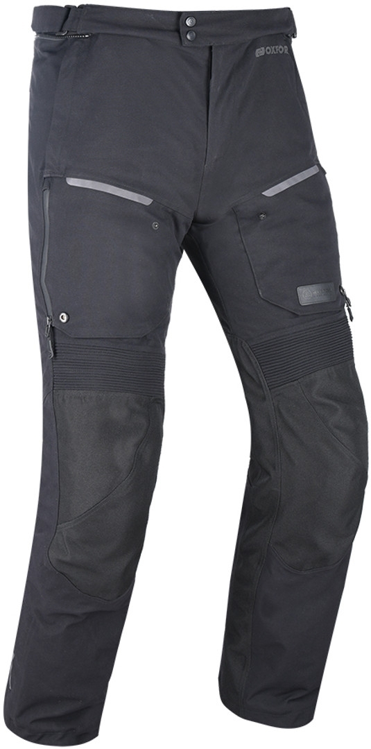 Black Oxford Mondial Advanced Motorcycle Trousers in XXL, featuring durable material, reflective strips, zippered pockets, and reinforced knee panels for enhanced protection.