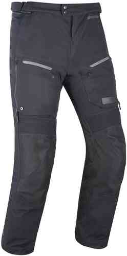 Black motorcycle trousers with suspenders, featuring a durable fabric, multiple zippered pockets, and reflective detailing for enhanced visibility.
