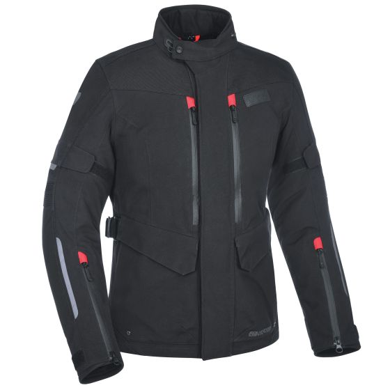 Black motorcycle jacket for women featuring a durable material, multiple zippered pockets, adjustable straps, and red accents for visibility and style.