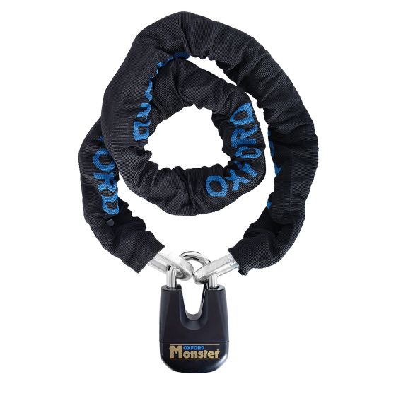 Black fabric-covered chain with blue "Oxford" branding, featuring a sturdy silver padlock with a black base, measuring 1.2 meters in length and 12mm in thickness.