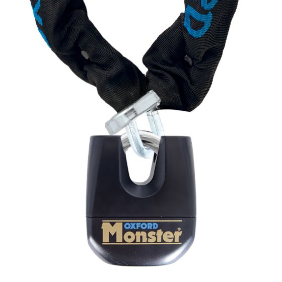 Black chain with a 12mm thick link and a sturdy padlock featuring a gold "Oxford Monster" logo, designed for enhanced security.