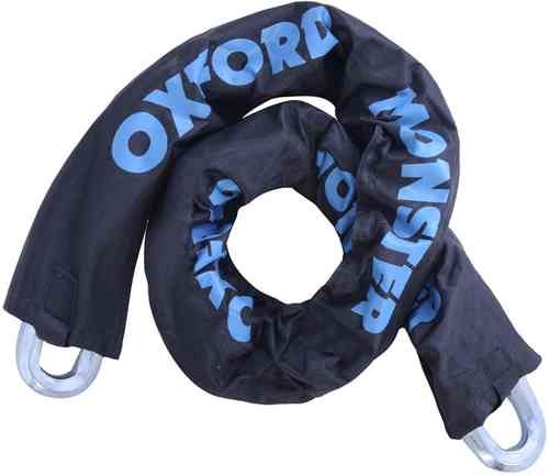 Black lock chain with blue "OXFORD MONSTER" lettering, measuring 5 meters in length and 1 inch in size, featuring sturdy metal loops at each end.