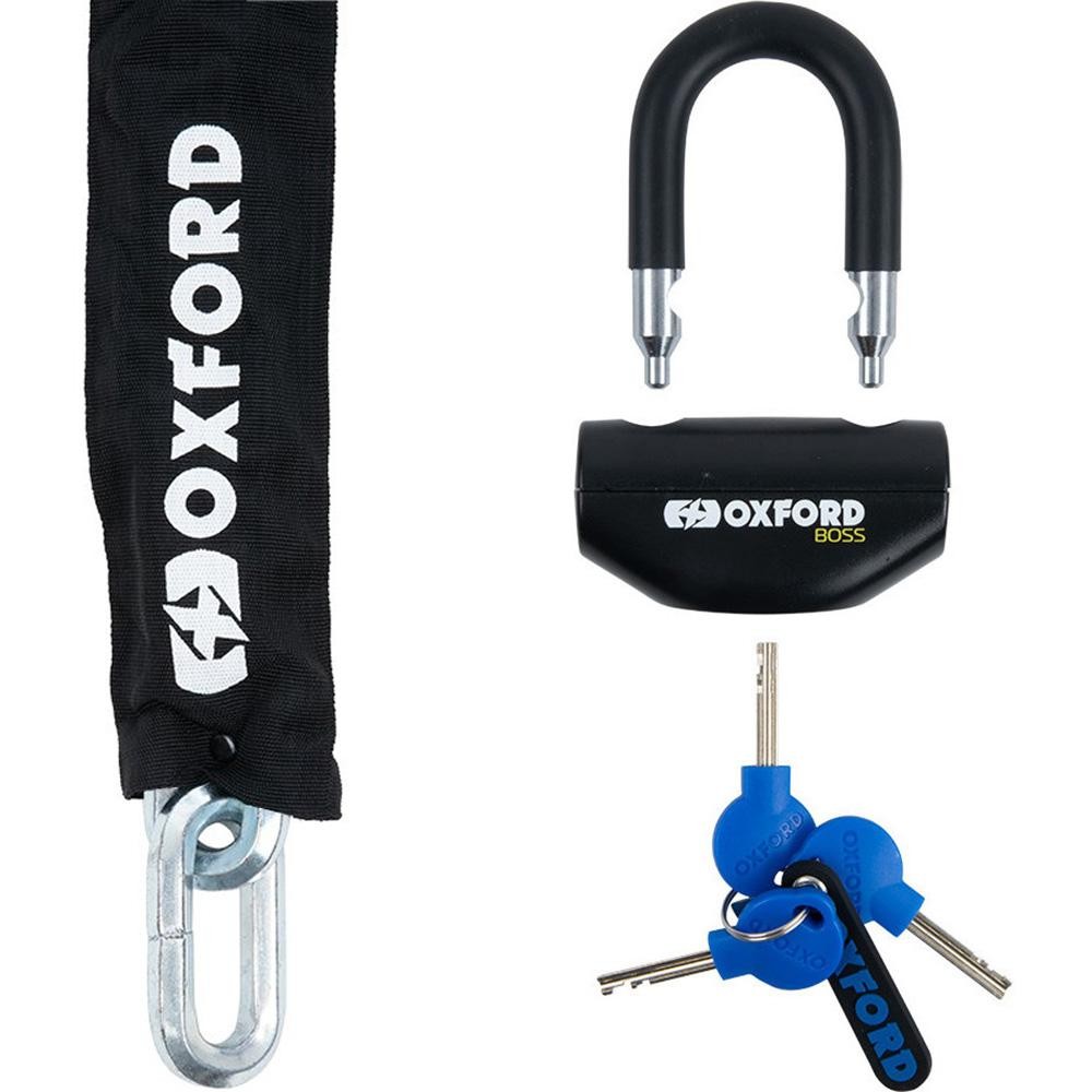 Black Oxford Hex Chain with a 14.5 mm thickness and 2.0 m length, paired with a black Boss Disc Lock featuring a 12.7 mm shackle and three blue keys.